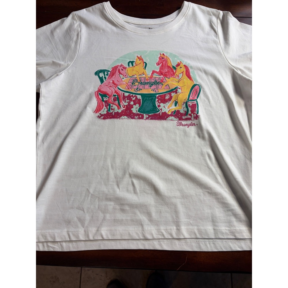 Wrangler Womens Horses Playing Puzzle Graphic T-Shirt White XXL 112379447